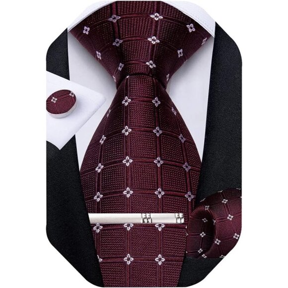 🆕Men Purple Plaid Silk Checkered Necktie Pocket Square Cufflinks Tie Clip Set